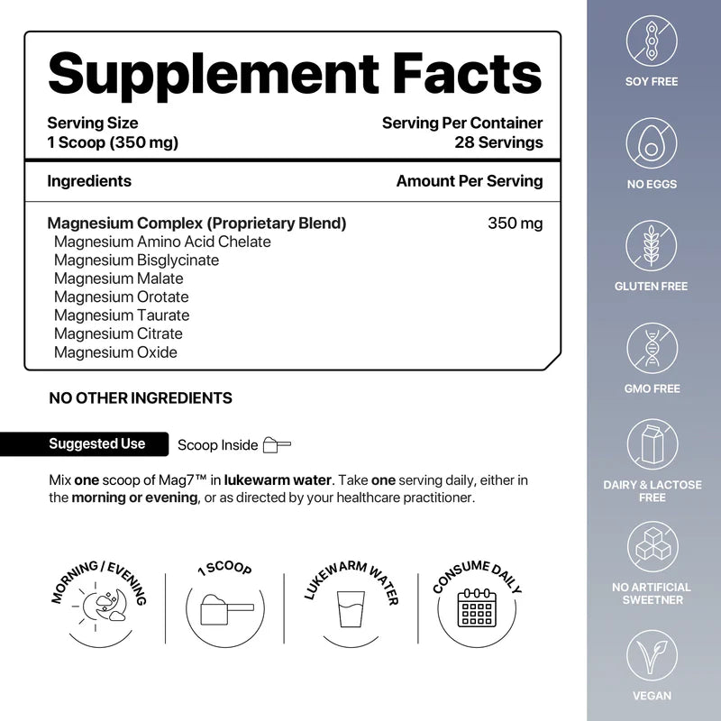 Mag7 Powder | Seven Complex Magnesium – Proprietary Blend – Unflavoured – Supports Relaxation, Recovery And Blood Pressure Regulation - Vegan, Gluten Free, Soy Free, Egg Free & Non GMO - Decode Age – 28 servings – 10gm