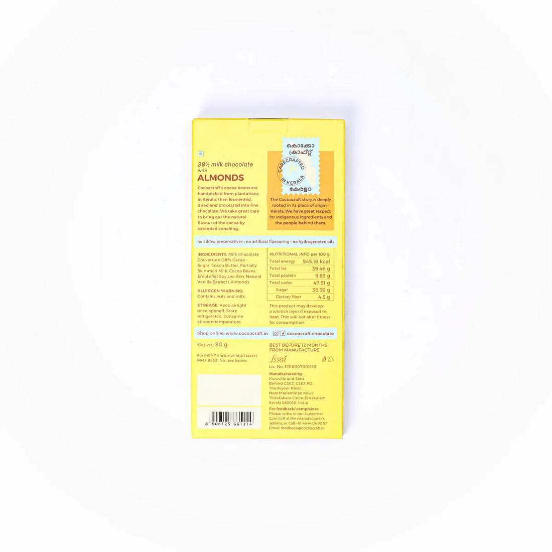 Milk Chocolate | (With Almonds) - 38% Cacao – No Preservatives, No Artificial Flavoring & No Hydrogenated Oils – Cocoacraft – 80gm