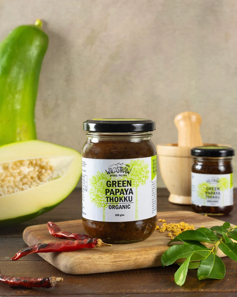 Chutney | Green Papaya Thokku -Made with Green Papaya, rich in digestive enzymes-Slow-Cooked in cold-pressed sesame oil
- No added Vinegar, Sugar or Preservativess– Wildstraw – 300gm
