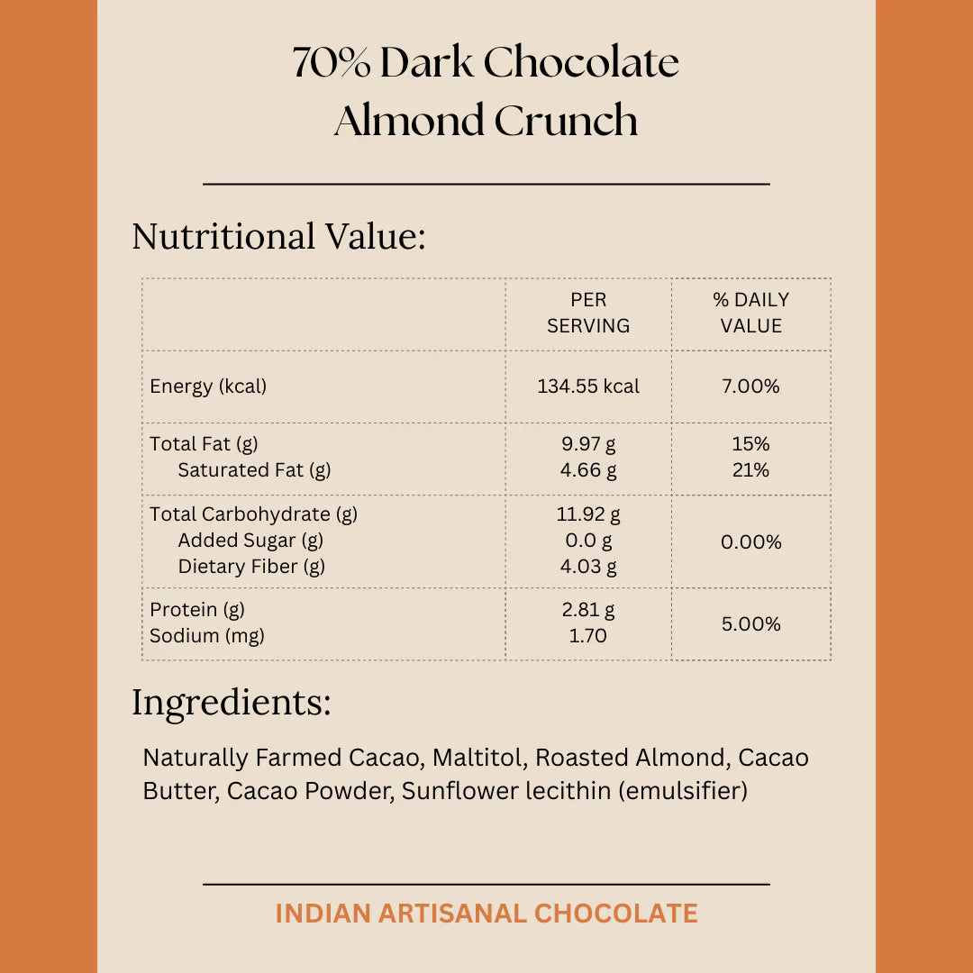 Dark Chocolate | 70% Dark Chocolate Almond Crunch (Sugarfree) – Vegan & Gluten Free - Darkins – 50gm