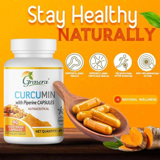 Curcumin With Piperine Capsules | Nutraceutical - Vegan, Gluten Free, Non Gmo, Preservatives Free & No Additives - Grenera – 90 Capsules