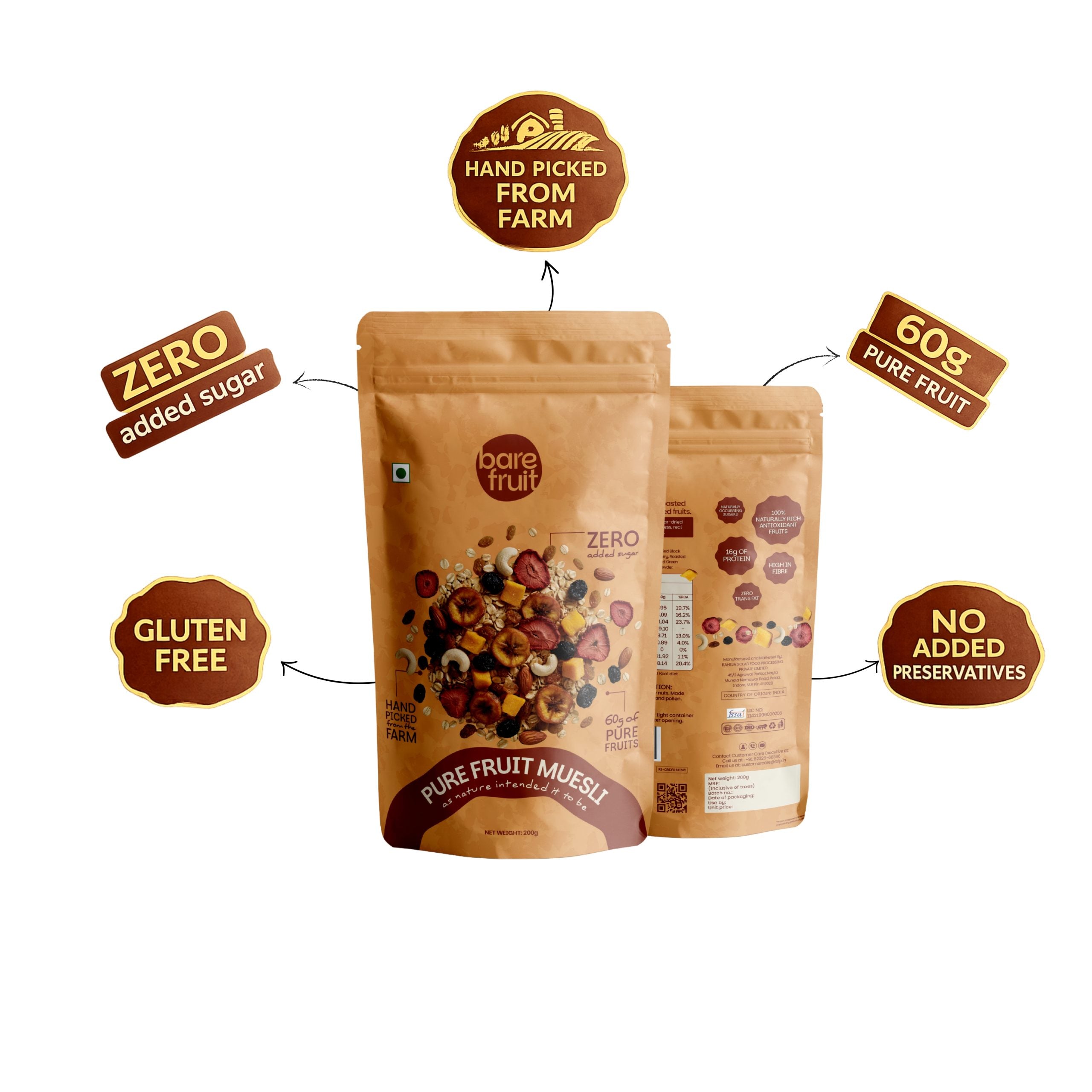 Pure Fruit Muesli | Hand-Picked Farm Ripened Fruits -Gluten Free - 1 00% Real Fruits - No Added Sugar, & No Added Preservatives - Bare Fruit - 200gm