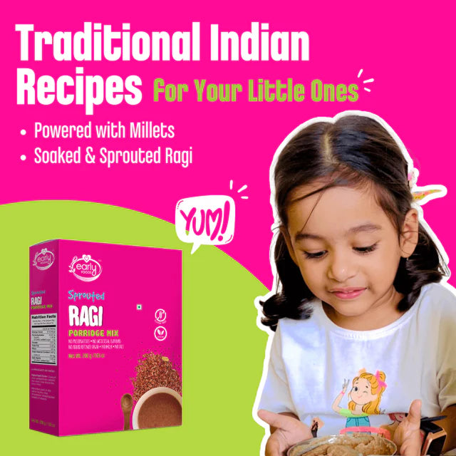 Porridge Mix | Organic Sprouted Ragi Mix (Plain) - Vegan, Gluten Free, No Preservatives, No Milk, No Salt, No Artificial Flavours & No Refined Sugar - Early Foods - 200gm