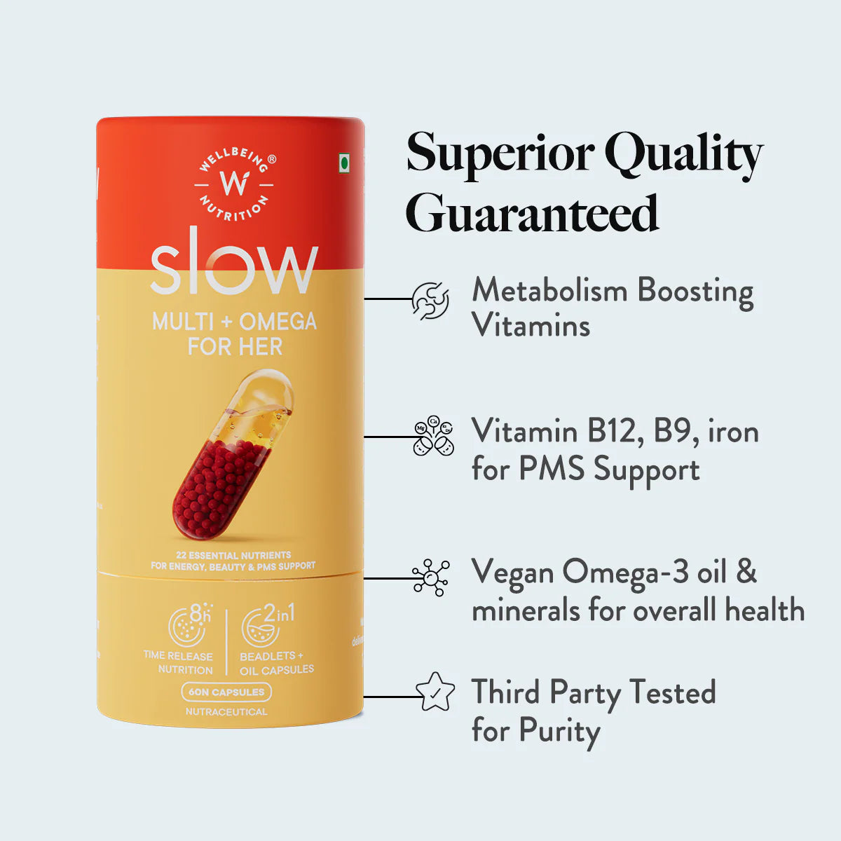 Multi + Omega For Her | Slow - Multi + Omega For Her - 22 Essential Nutrients For Energy, Beauty & PMS Support - No Wheat & Non GMO – Wellbeing Nutrition – 60 Capsules