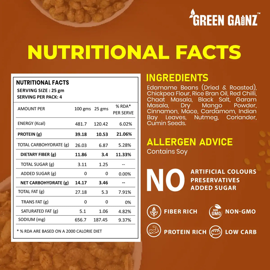 Edama Beans | Crunchy & Roasted (Desi Masala) Edma Beans- 39% Protein Per Serving - Fiber Rich, Protein Rich - Low Carb- No Added Preservatives & Sugar - Green Gainz- 100gm