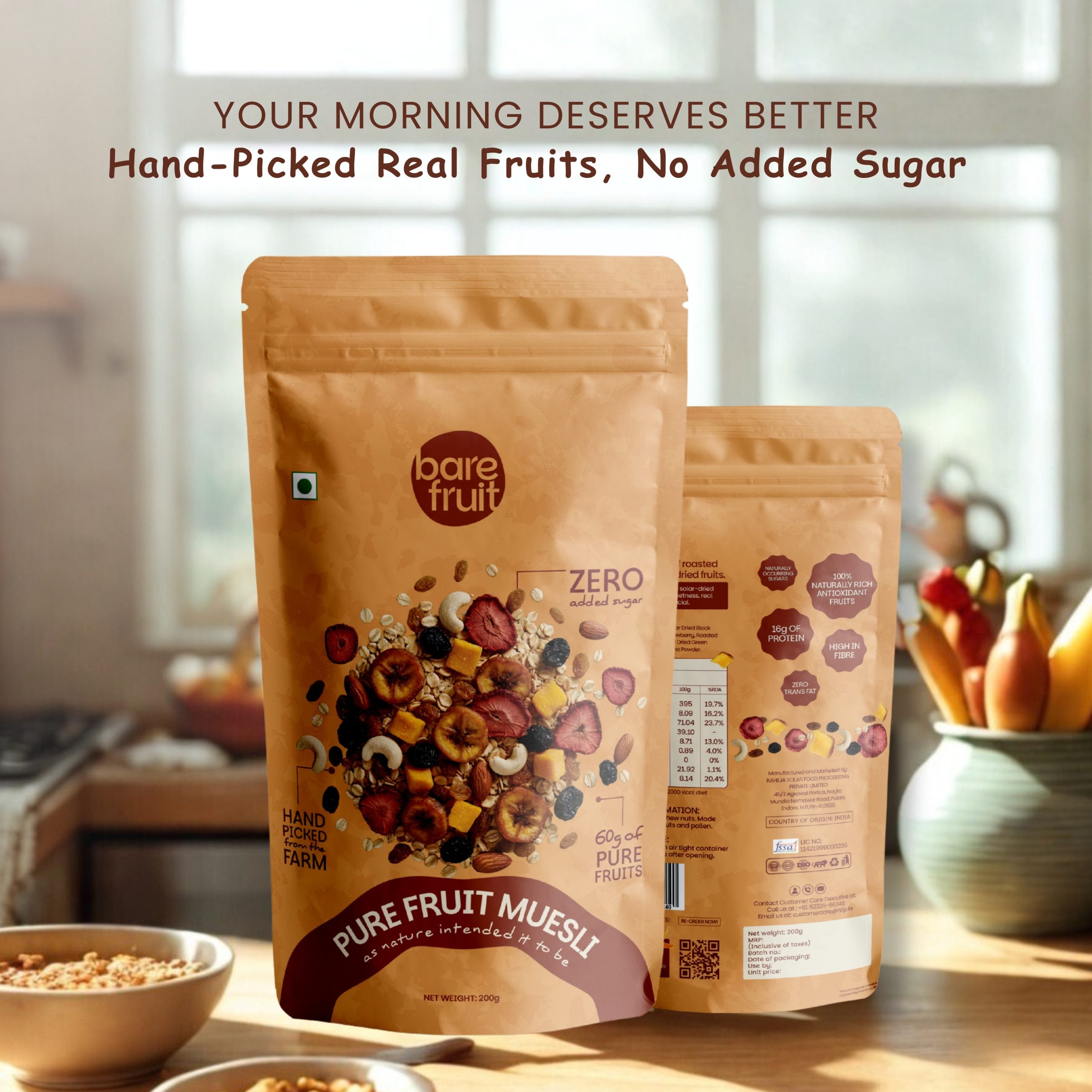 Pure Fruit Muesli | Hand-Picked Farm Ripened Fruits -Gluten Free - 1 00% Real Fruits - No Added Sugar, & No Added Preservatives - Bare Fruit - 200gm