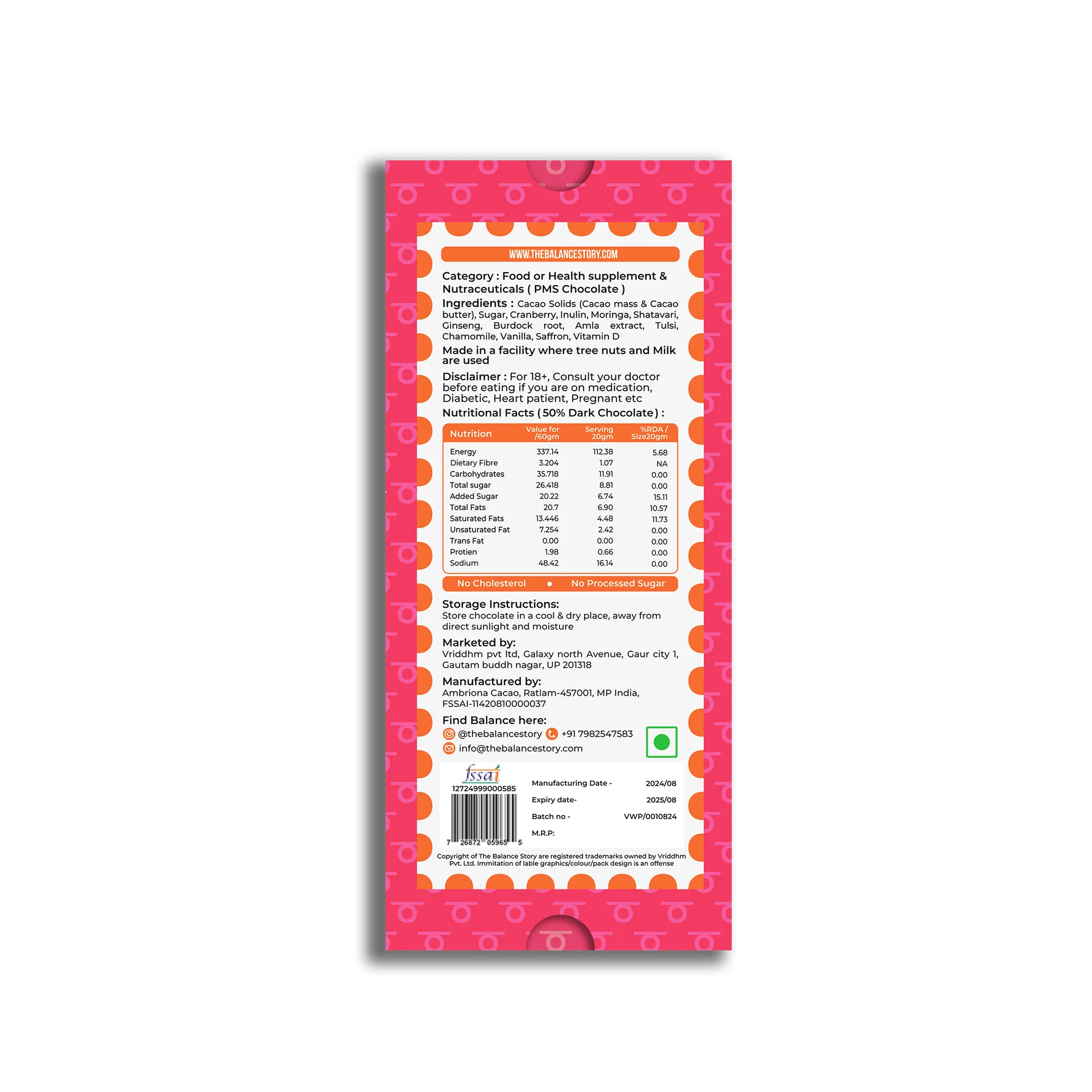 Dark Chocolate | 50% Dark – FOR HER – 8 Herbs Powder – Bean To Bar – Vegan, Gluten Free, No Emulsifiers, No Artificial Fillers, No Additives & No Added Preservatives – The Balance Story – 60gm