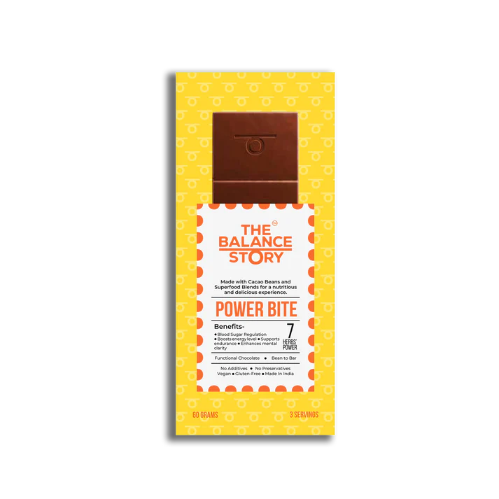 Dark Chocolate | 50% Dark – POWER BITE – 7 Herbs Powder – Bean To Bar – Vegan, Gluten Free, No Emulsifiers, No Artificial Fillers, No Additives & No Added Preservatives – The Balance Story – 60gm
