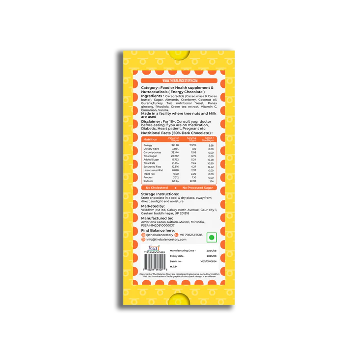 Dark Chocolate | 50% Dark – POWER BITE – 7 Herbs Powder – Bean To Bar – Vegan, Gluten Free, No Emulsifiers, No Artificial Fillers, No Additives & No Added Preservatives – The Balance Story – 60gm