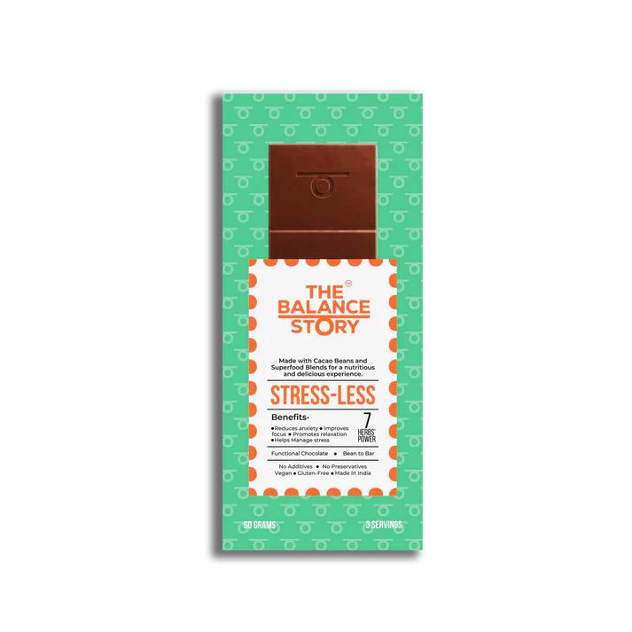 Dark Chocolate | 50% Dark – STRESS LESS – 7 Herbs Powder – Bean To Bar – Vegan, Gluten Free, No Emulsifiers, No Artificial Fillers, No Additives & No Added Preservatives – The Balance Story – 60gm