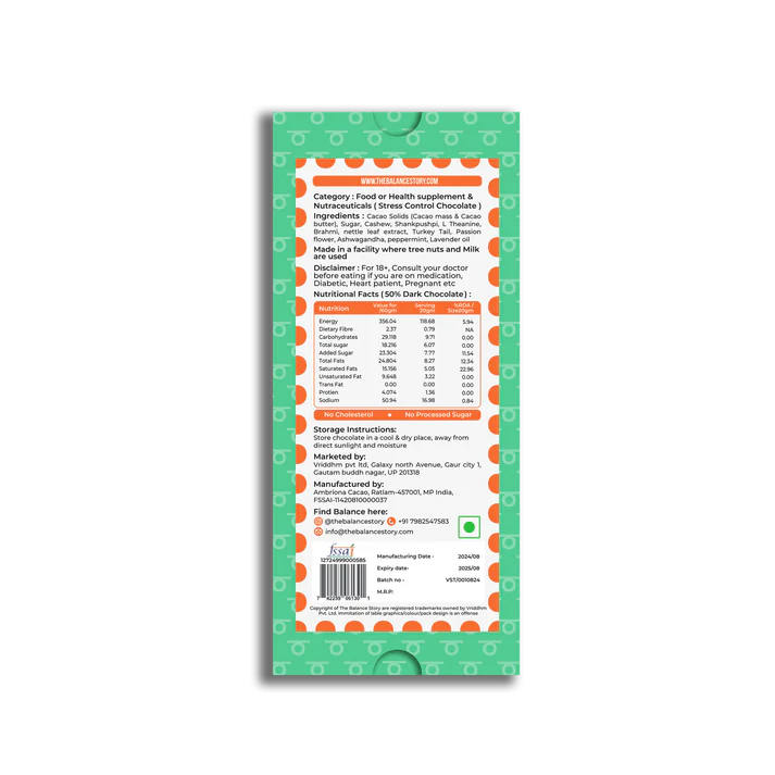 Dark Chocolate | 50% Dark – STRESS LESS – 7 Herbs Powder – Bean To Bar – Vegan, Gluten Free, No Emulsifiers, No Artificial Fillers, No Additives & No Added Preservatives – The Balance Story – 60gm