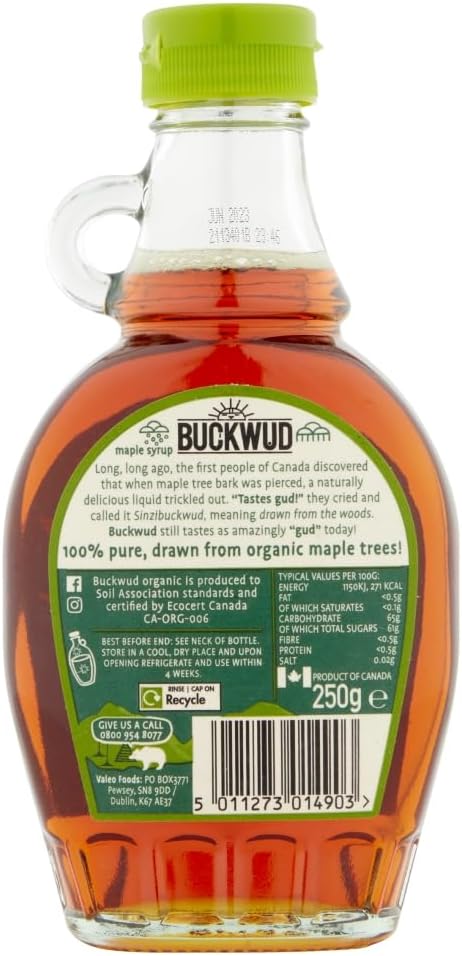 Classic Candian Maple Syrup- Buttery Caramel Flavour, Plant-Based, Suitable for Vegans & Vegetarians-Perfect In Hot Drinks- No Preservatives –Organic Buckwud – 250ml