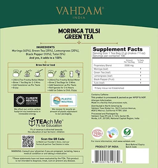 Moringa Tulsi Green Tea - Vahdam - 15Tea Bags