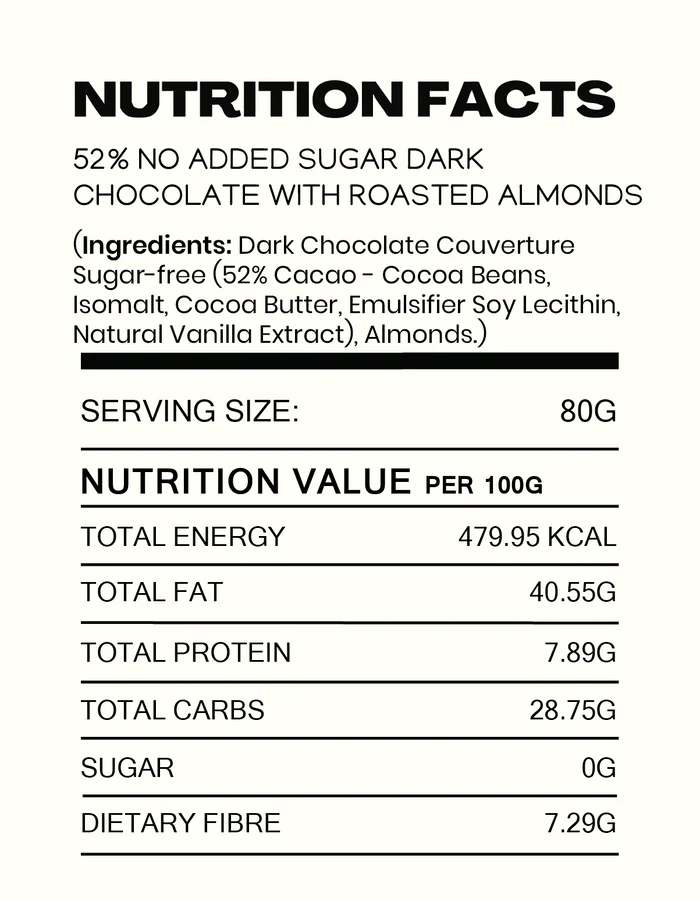 Chocolate | 52% Dark Chocolate with Roasted Almonds- Made in Kerala from Single - Origin Cocoa - Sugar Free – Vegan -No Vegetable Oil, No Artificial Flavours- Cocoacraft – 80gm