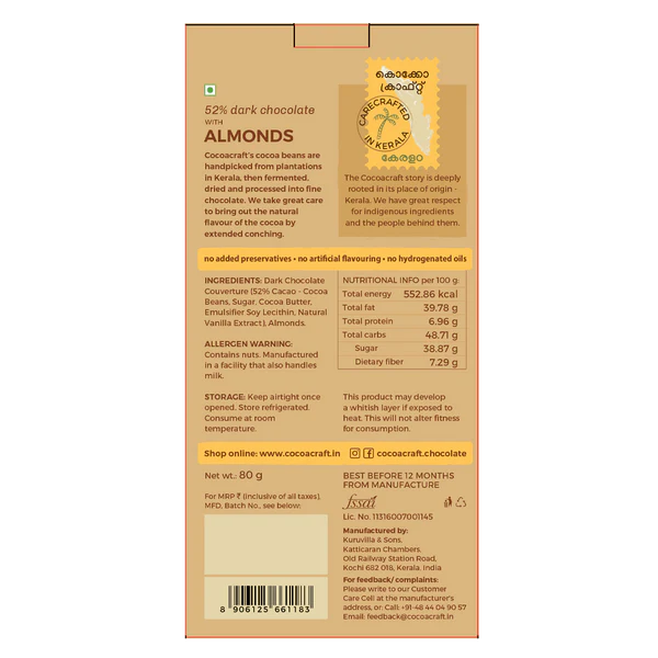 Dark Chocolate | With Roasted Almonds - 52% - No Preservatives, No Artificial Flavoring & No hydrogenated oils – Cocoacraft – 80gm