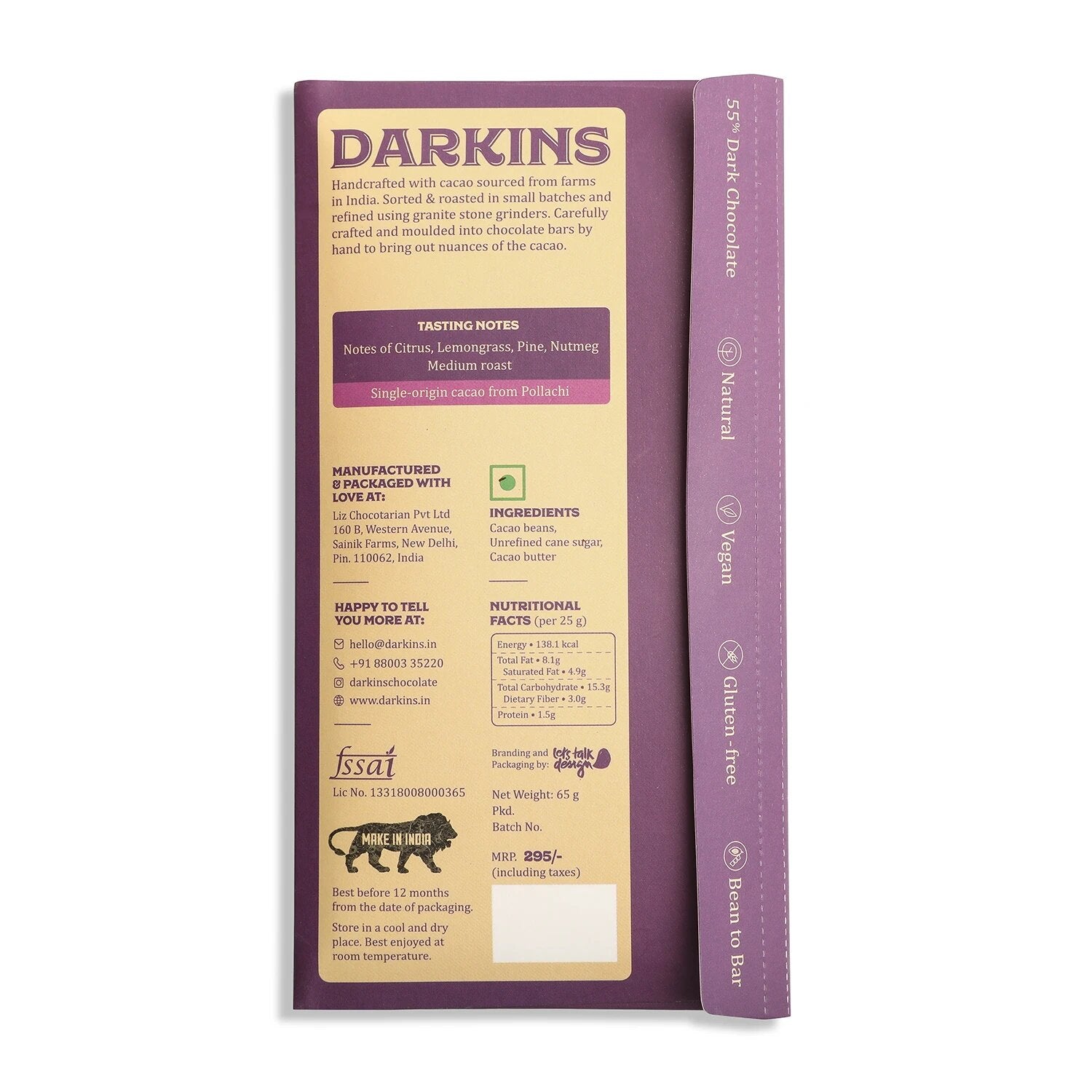 55% Dark Chocolate - Single Origin Cacao from Tamil Nadu – Vegan & Gluten Free - Darkins – 65gm
