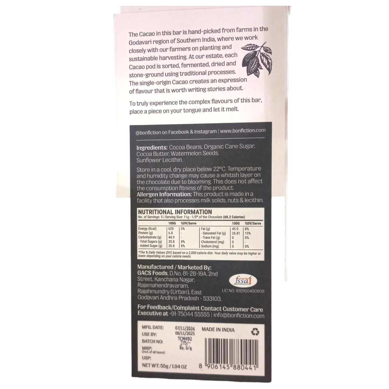 Dark Mylk Chocolate | 55% Dark Mylk Chocolate – A Federation of Odd – Single Origin – 100% Natural – Vegan, Gluten Free, Palm Oil Free, Non GMO, No Artificial Flavour & No Added Preservatives – Bon-Fiction – 55gm