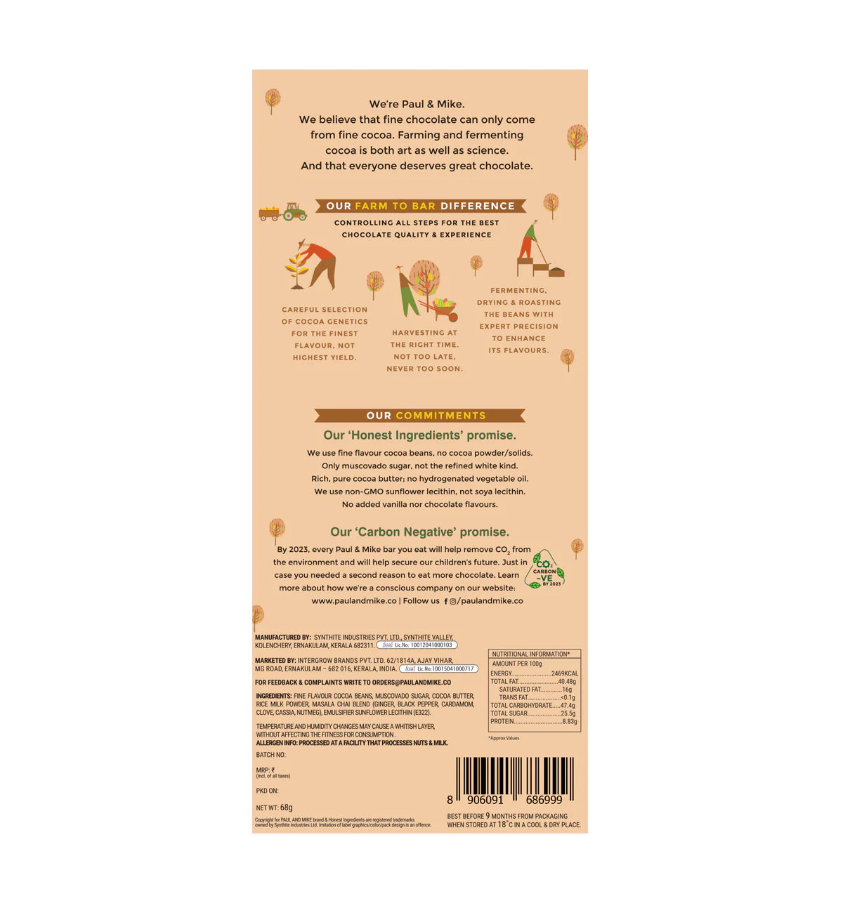 Milk Chocolate | 57% Masala Chai Chocolate – Vegan & No Refined Sugar – Paul And Mike – 68gm