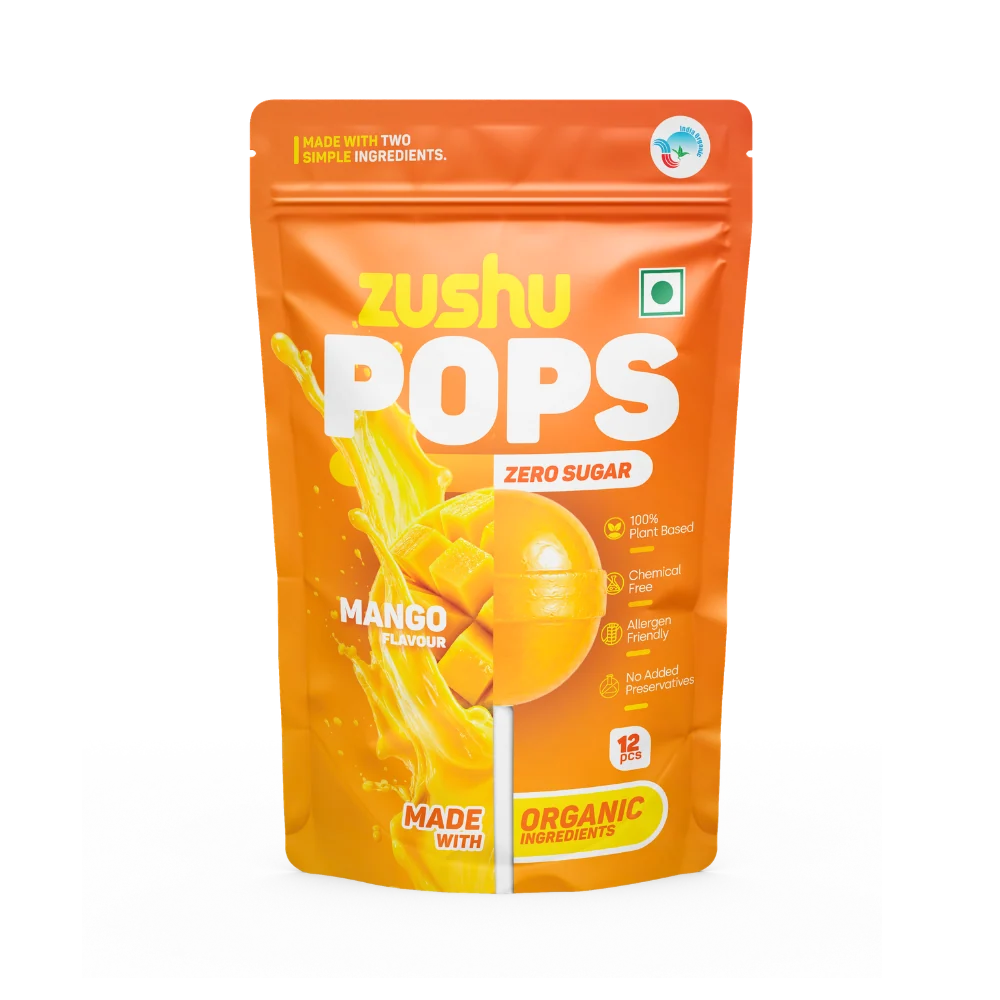 Lollipops | Mango Flavour (Zero Sugar) -Vegan- Made With Organic Ingredients - 100% Plant Based , Chemical Free, No Refined Sugar- Zushu - 12Pops - 120gm