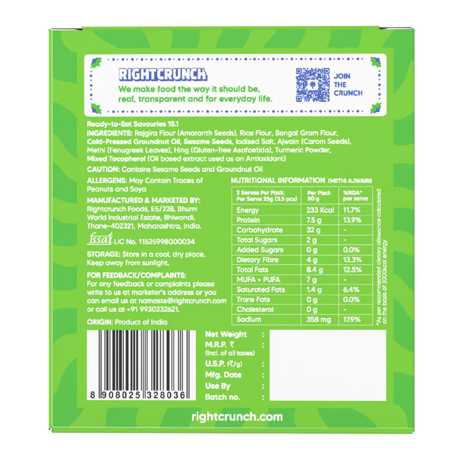 Cracker | Methi Ajwain Baked Thins - Gluten Free, Vegan-No Maida, No Palm Oil & No Artificial Ingredients- Right Crunch - 50gm