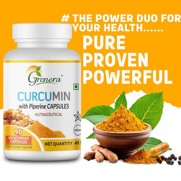 Curcumin With Piperine Capsules | Nutraceutical - Vegan, Gluten Free, Non Gmo, Preservatives Free & No Additives - Grenera – 90 Capsules