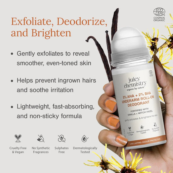 Underarm Roll | 5% AHA + 2% BHA Underarm Roll-On Deodorant -Brighten Underarm Skin, Reduce Irritation - Cruelty Free & Vegan, No Synthetic Fragrance Oils & No Colours Added - Juicy Chemistry - 50ml