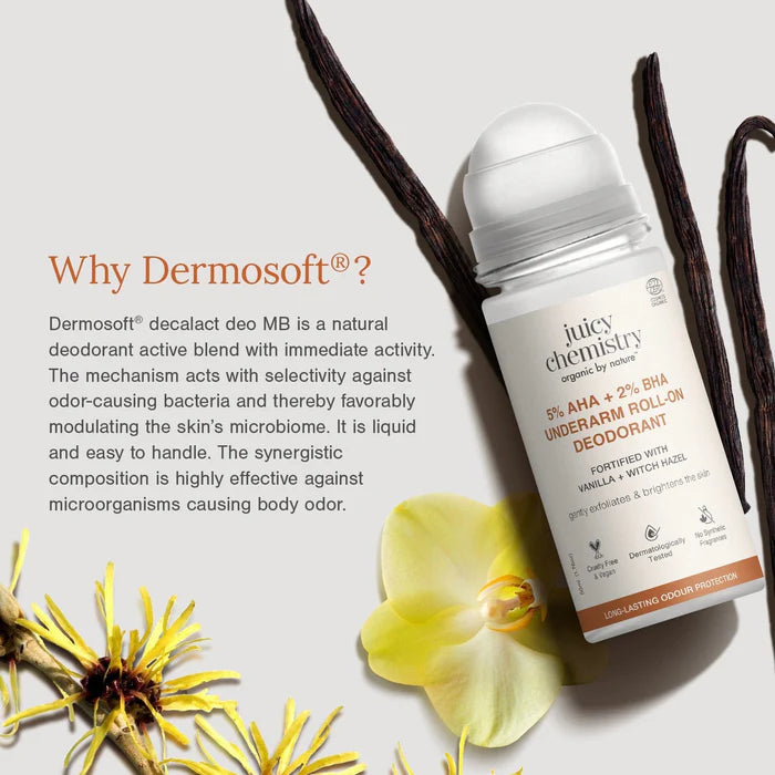 Underarm Roll | 5% AHA + 2% BHA Underarm Roll-On Deodorant -Brighten Underarm Skin, Reduce Irritation - Cruelty Free & Vegan, No Synthetic Fragrance Oils & No Colours Added - Juicy Chemistry - 50ml