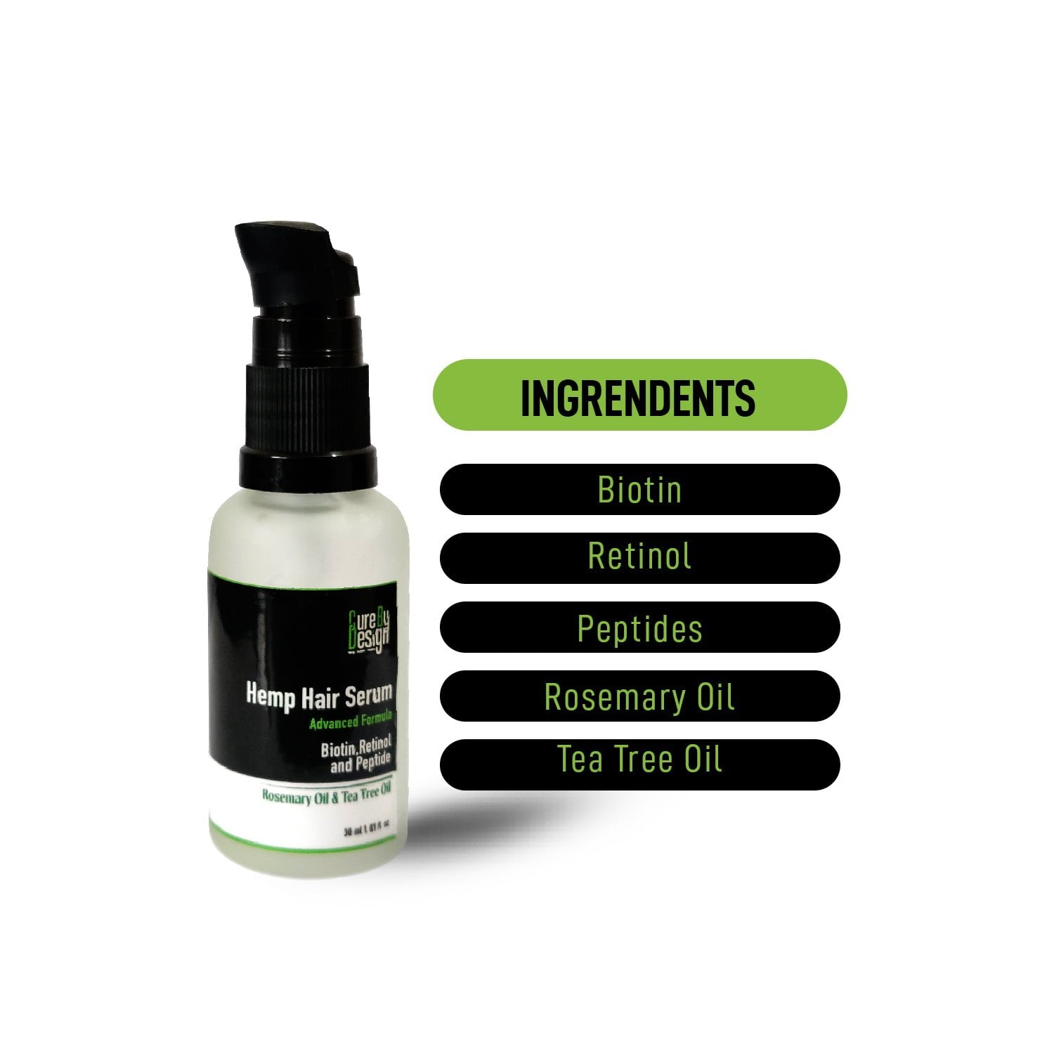 Hair Serum | Hemp Hair Serum (Rosemary Oil & Tea Tree Oil) - Advanced Formula - Biotin, Retinol And Peptide - Advanced Formula To Revive And Nourish Hair - Moisturizes hair And Boosts Natural Shine - Cure By Design - 30ml
