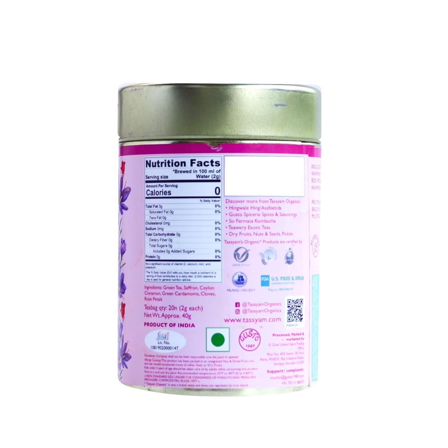 Tea | Kashmiri Kahwa - Spiced Green Tea (With Saffron) - Natural - Tassyam Organics – 20 Biodegradable Tea Bags
