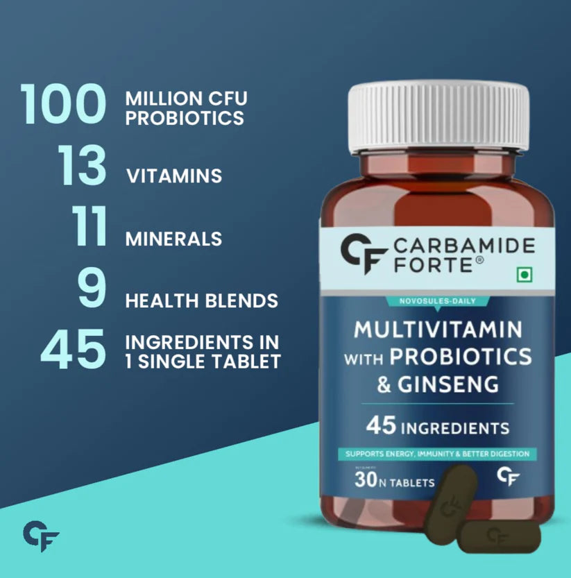 Multivitamin With Probiotics & Ginseng (45 Ingredients, 9 Vital Blends) - Supports Energy, Immunity, & Better Digestion - Carbamide Forte - 60 Tablets