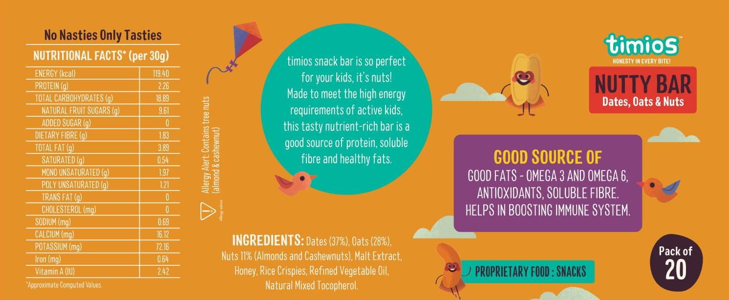 Nutty Bar | (Dates, Oats & Nuts) - Natural - No Added Sugar - (Pack Of 4) - Timios - 120gm