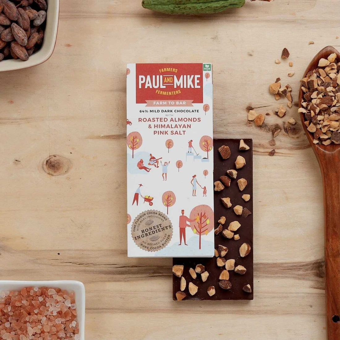 64% Dark Roasted Almond & Pink Salt Chocolate – Vegan & No Added Sugar - Paul & Mike – 68gm
