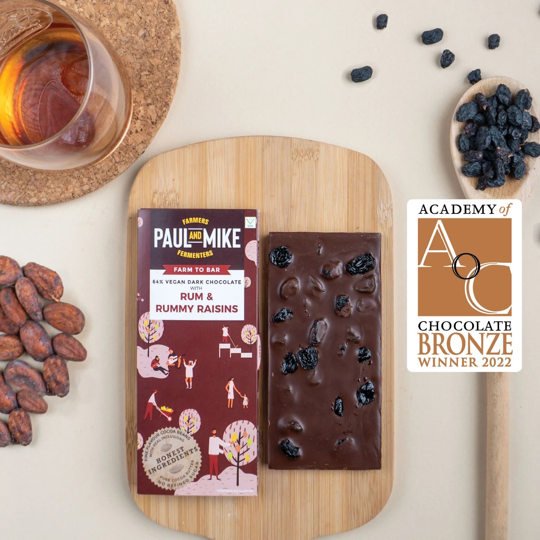 Dark Chocolate | 64% Dark Chocolate With Rum & Rummy Raisin - Natural - Vegan, Non GMO & No Cocoa Powder- Paul & Mike - 68gm