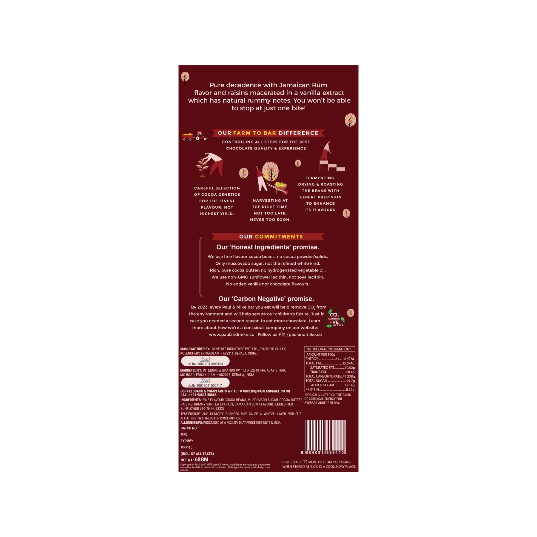 Dark Chocolate | 64% Dark Chocolate With Rum & Rummy Raisin - Natural - Vegan, Non GMO & No Cocoa Powder- Paul & Mike - 68gm