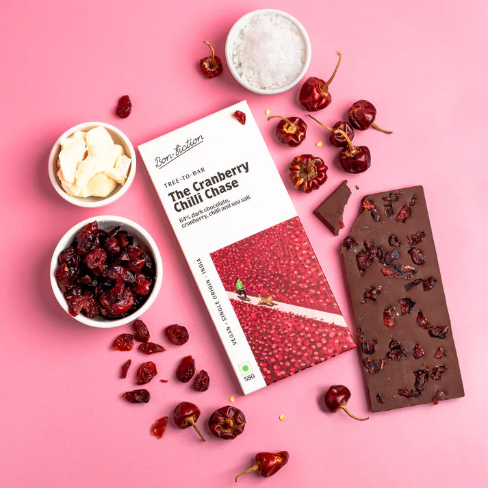 Dark Chocolate | 64% Dark – The Cranberry Chilli Chase – Tree To Bar – Single Origin – 100% Natural – Vegan, Gluten Free, Palm Oil Free, Non GMO, No Artificial Flavour & No Added Preservatives – Bon-Fiction – 55gm
