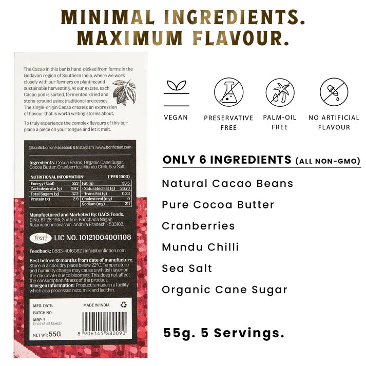 Dark Chocolate | 64% Dark – The Cranberry Chilli Chase – Tree To Bar – Single Origin – 100% Natural – Vegan, Gluten Free, Palm Oil Free, Non GMO, No Artificial Flavour & No Added Preservatives – Bon-Fiction – 55gm