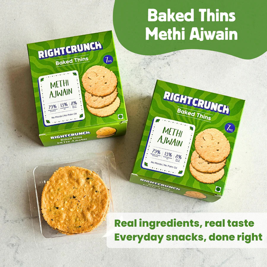 Cracker | Methi Ajwain Baked Thins - Gluten Free, Vegan-No Maida, No Palm Oil & No Artificial Ingredients- Right Crunch - 50gm