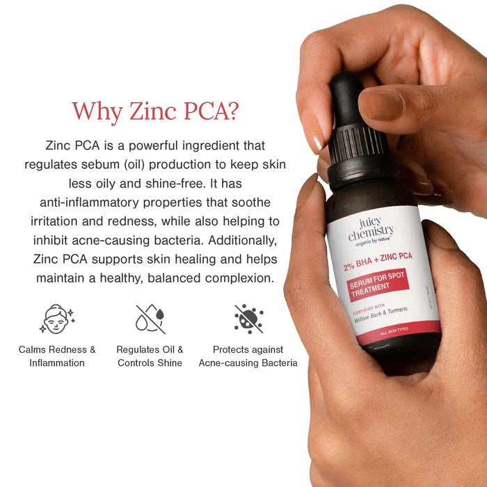 Face Serum| 2% BHA + Zinc PCA Face Serum (Fortified With Willow Bark & Turmeric) - Handmade - Organic - Indian Vegan, Crutely Free, Gmo Free, Zero Sulphates, No Synthetic Fragrances & No Colours Added - Juicy Chemistry - 30ml