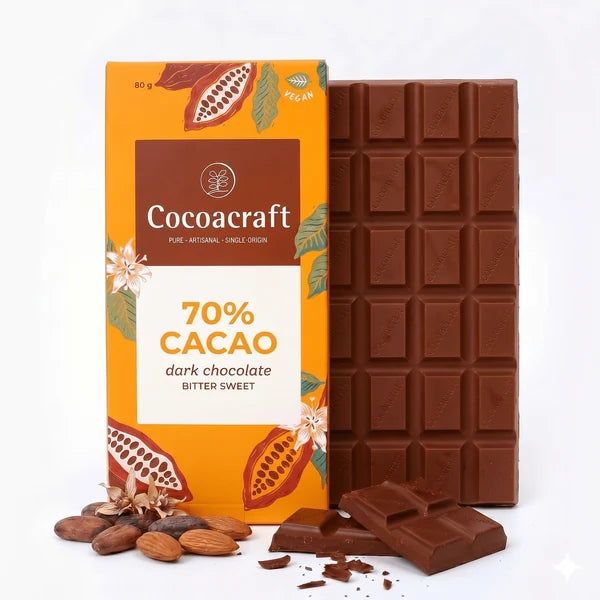 Chocolate | 70% Cocoa Bitter sweet Dark Chocolate Couverture - Made in Kerala from Single - Origin Cocoa – Vegan -No Vegetable Oil, No Artificial Flavours- Cocoacraft – 80gm