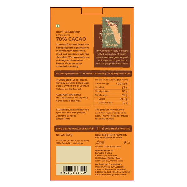 Chocolate | 70% Cocoa Bitter sweet Dark Chocolate Couverture - Made in Kerala from Single - Origin Cocoa – Vegan -No Vegetable Oil, No Artificial Flavours- Cocoacraft – 80gm