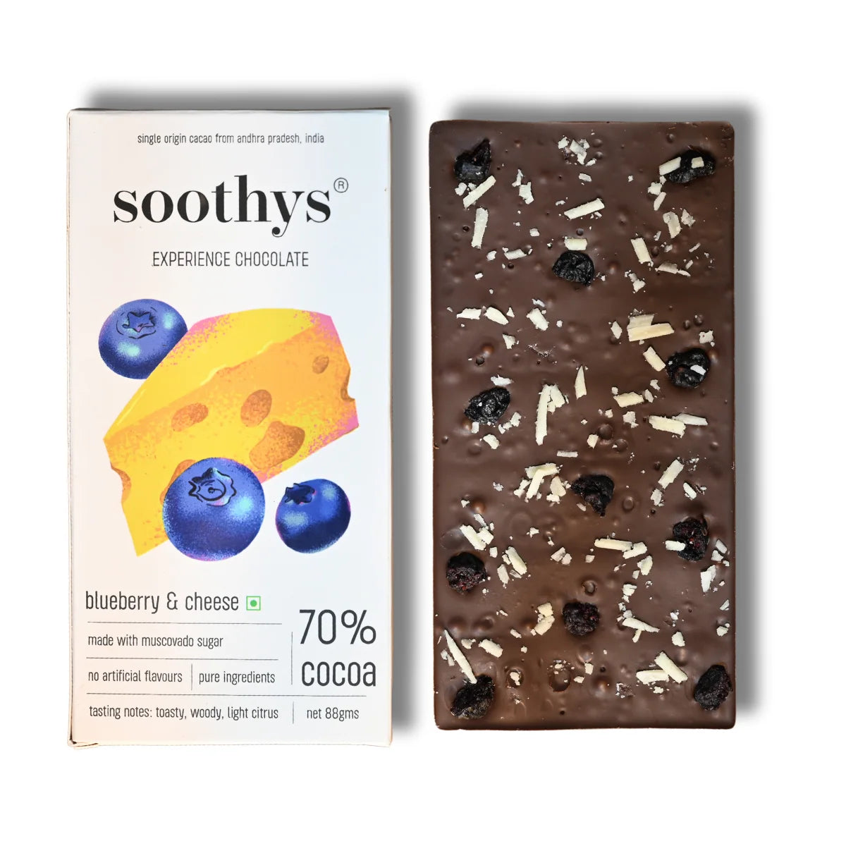 Chocolate | 70% Dark Chocolate (Blueberries & Cheese)- Cocoa Beans -No Palm Oil , No artificial flavors or emulsifiers - Soothys - 88gm