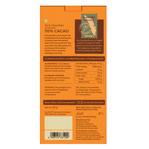 Dark Chocolate | 70% Cacao - Bitter Sweet - Preservatives Free, No Artificial Flavour & No hydrogenated oils - Cocoacraft - 80gm