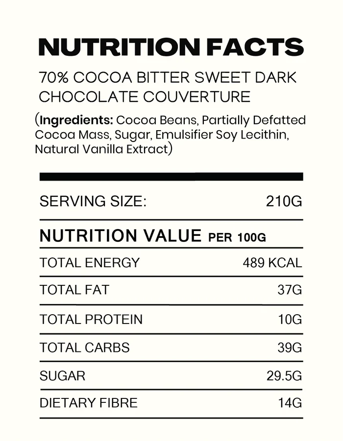 Dark Chocolate | 70% Cacao - Bitter Sweet - Preservatives Free, No Artificial Flavour & No hydrogenated oils - Cocoacraft - 210gm