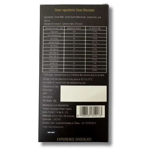 Chocolate | 70% Dark Vegan Chocolate Bars (Cranberry and Pecans)- Cocoa Beans -No Palm Oil , No artificial flavors or emulsifiers - Soothys - 88gm