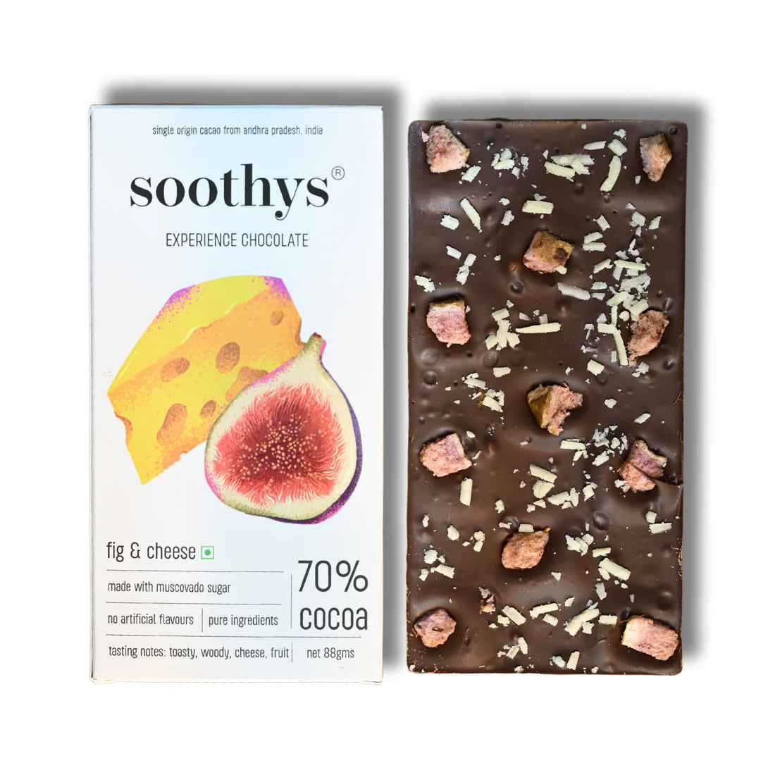 Chocolate | 70% Dark Chocolate Bars (Fig and Cheese) - Cocoa Beans -No Palm Oil , No artificial flavors or emulsifiers - Soothys - 88gm
