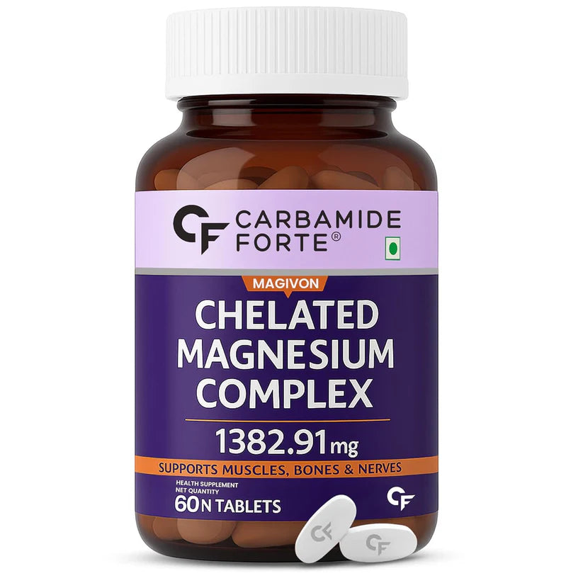Chelated Magnesium Complex | Magivon (1382.91 mg)- Supports Muscles, Bones & Nerves - 100% Vegetarian - Gluten Free, Non GMO, Dairy Free, Soy Free & Paraben Free - Carbamide Forte - 60 Tablets