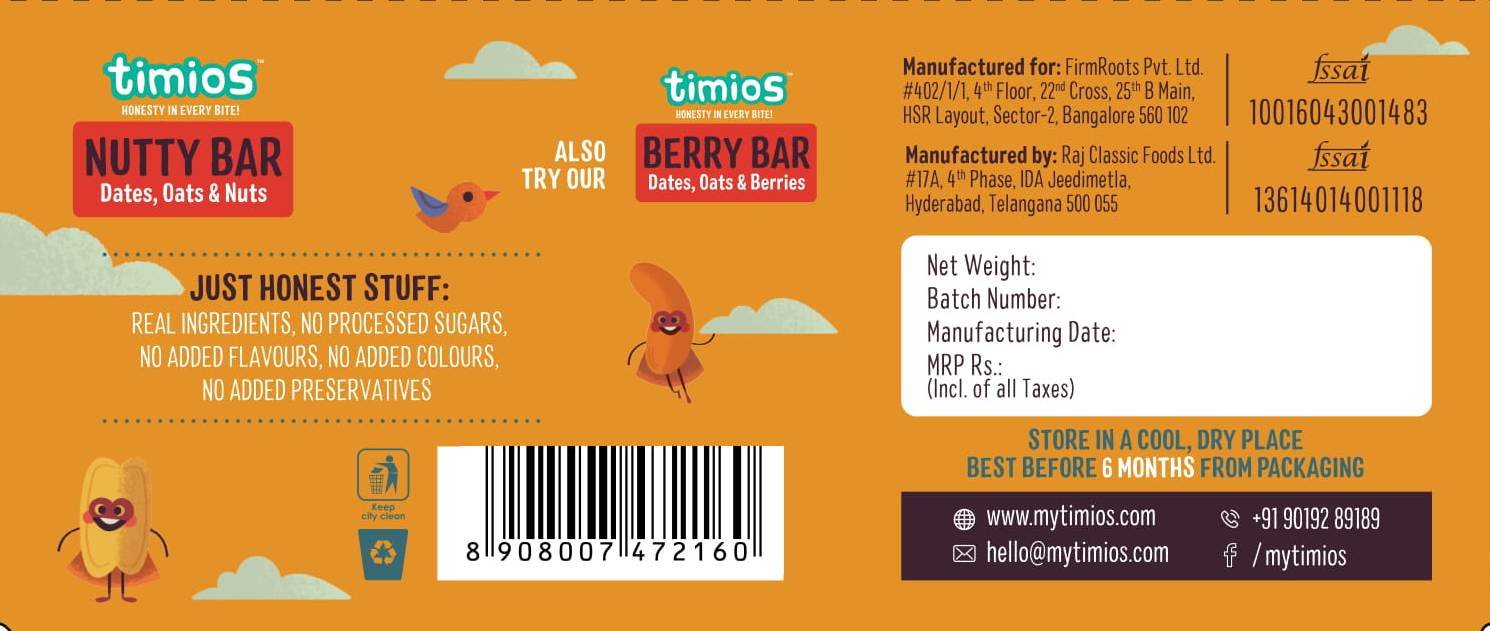 Nutty Bar | (Dates, Oats & Nuts) - Natural - No Added Sugar - (Pack Of 4) - Timios - 120gm