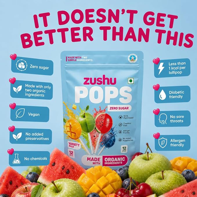 Lollipops | Organic Variety Pops (Zero Sugar)- Watermelon , Green apple , Mixed berries , Mango -Vegan- Made With Organic Ingredients - 100% Plant Based , Chemical Free, No Refined Sugar- Zushu - 12Pops - 120gm