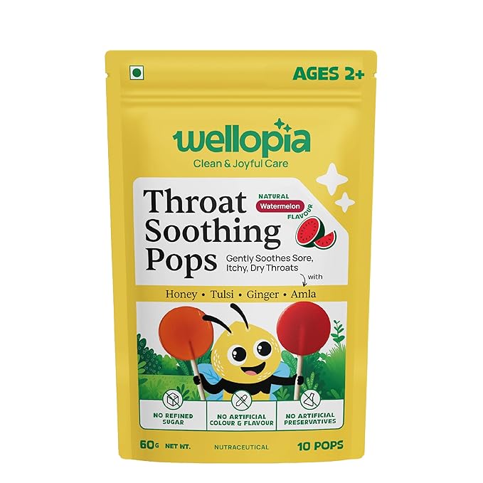 Pops | Throat Soothing Pops (Ages 2+)-Natural Watermelon Flavour -No Artificial Preservatives - No Artificial Colors- No Refined Sugar - Wellopia - 10 Pops -60gm