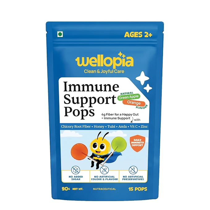 Pops | Immune Support Pops(Ages 2+)-Natural Green Apple & Orange Flavour - Daily Gut Support -No Artificial Preservatives - No Artificial Colors- No Refined Sugar - Wellopia - 1 5 Pops -90gm